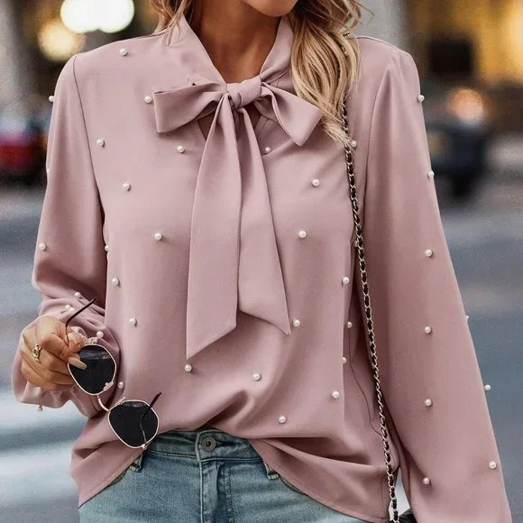Dusty Pink Preppy Womens Pearls Beaded Tie Neck Lantern Sleeve Blouse - Picture 3 of 4